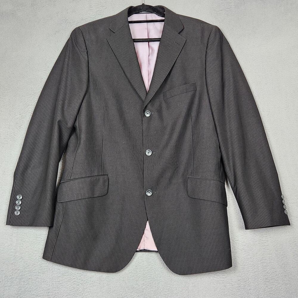 Billy London Suit Jacket Mens 42R Black Pinstripe Polyester Rayon 4 Button